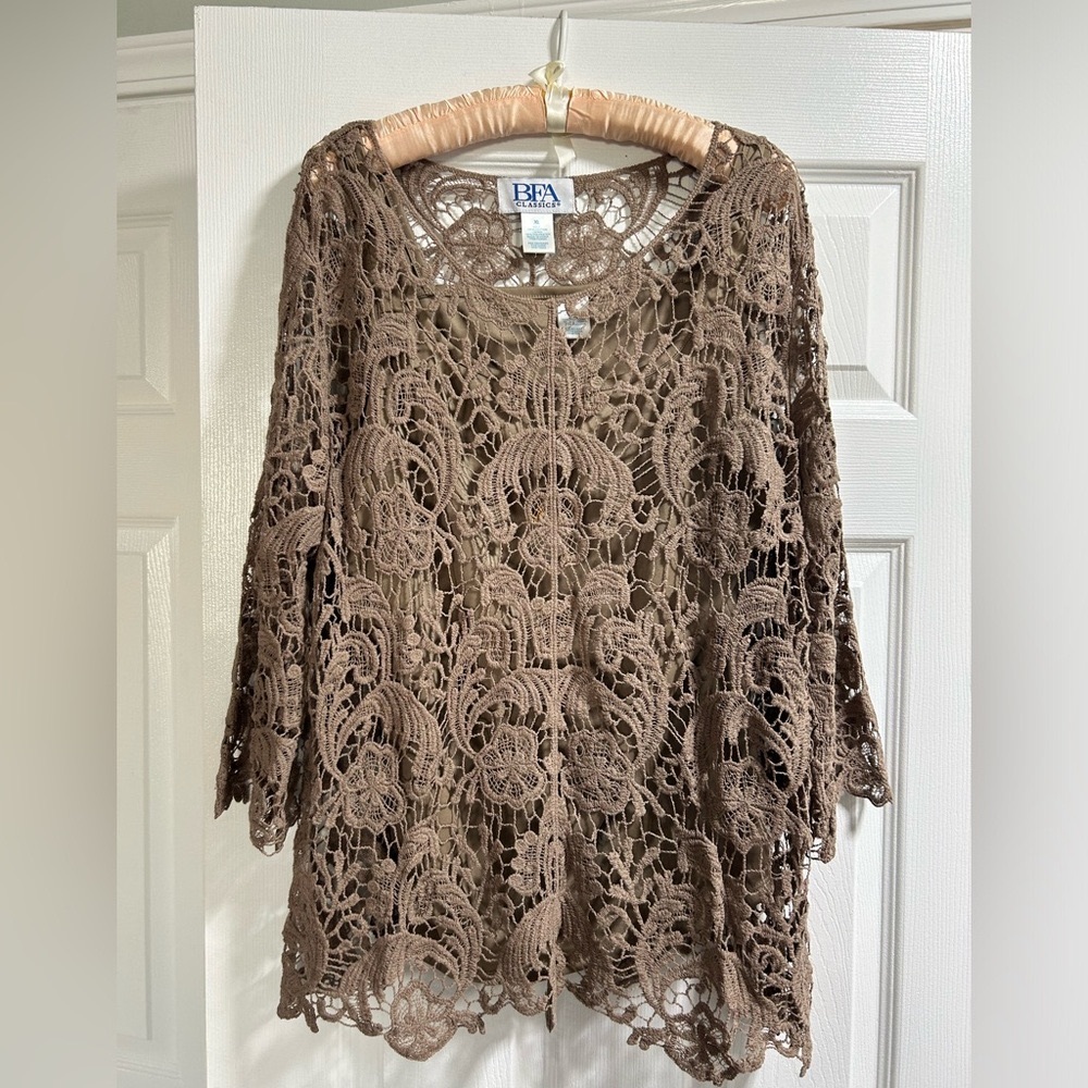 BFA Classics Lacey Sweater with attached Tank-top panel. Taupe. Size XL $18